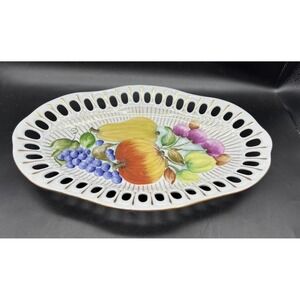 VTG Iris Reticulated Porcelain Raised Fruit Oval Bowl Dish Gold 13" Signed